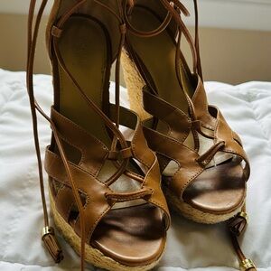 MICHAEL Michael Kors Brown Wedge Sandals with Intricate Straps